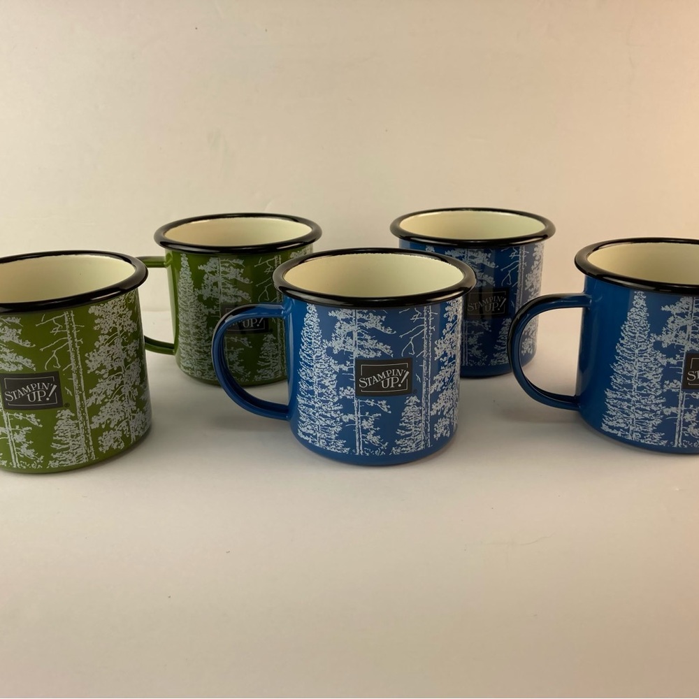 Stampin' Up! Blue and Green Enamel Camping Mugs Set of 5 NWOT Outdoor Tin Cups